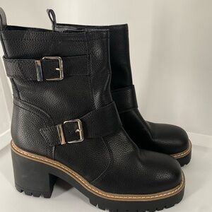 NWT Blondo Black Waterproof Leather Ankle Boots Lug Sole Block Heel | 9